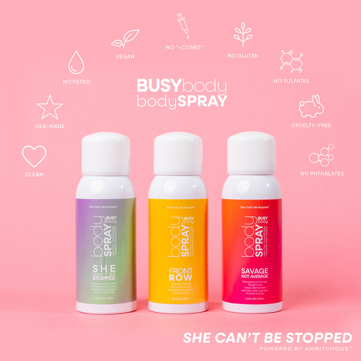 Front Row: Busy Body Scented & Deodorizing Body Spray